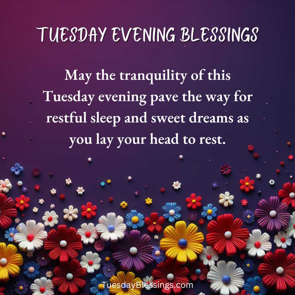 May the tranquility of this Tuesday evening pave the way for restful sleep and sweet dreams as you lay your head to rest.