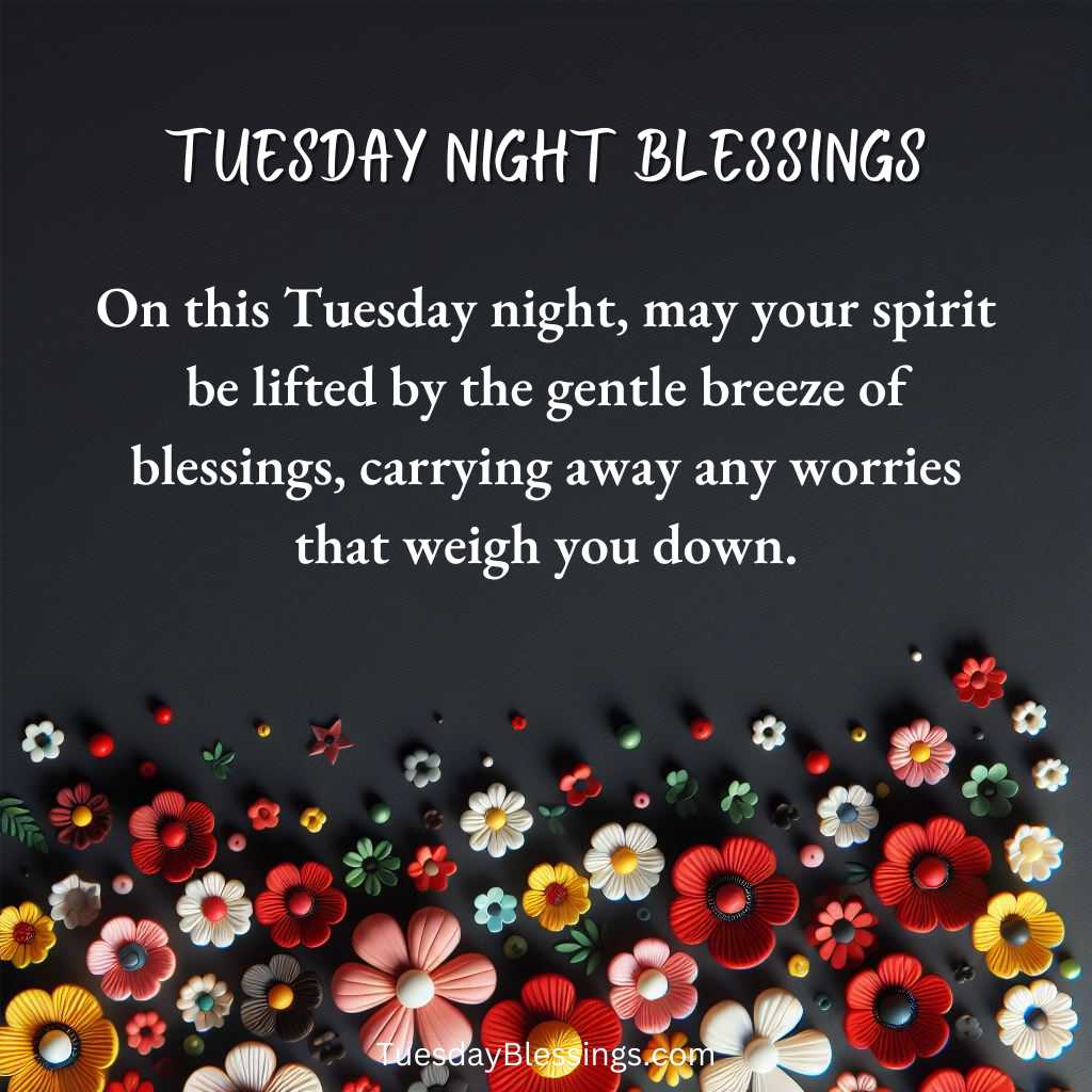 On this Tuesday night, may your spirit be lifted by the gentle breeze of blessings, carrying away any worries that weigh you down.