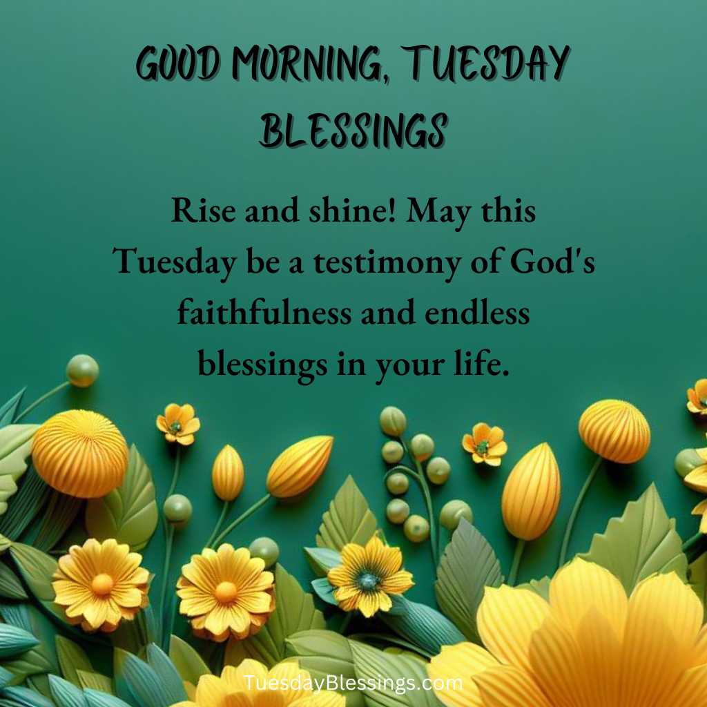 Rise and shine! May this Tuesday be a testimony of God's faithfulness and endless blessings in your life.