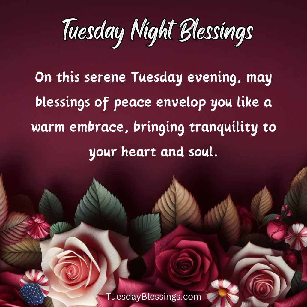 On this serene Tuesday evening, may blessings of peace envelop you like a warm embrace, bringing tranquility to your heart and soul.